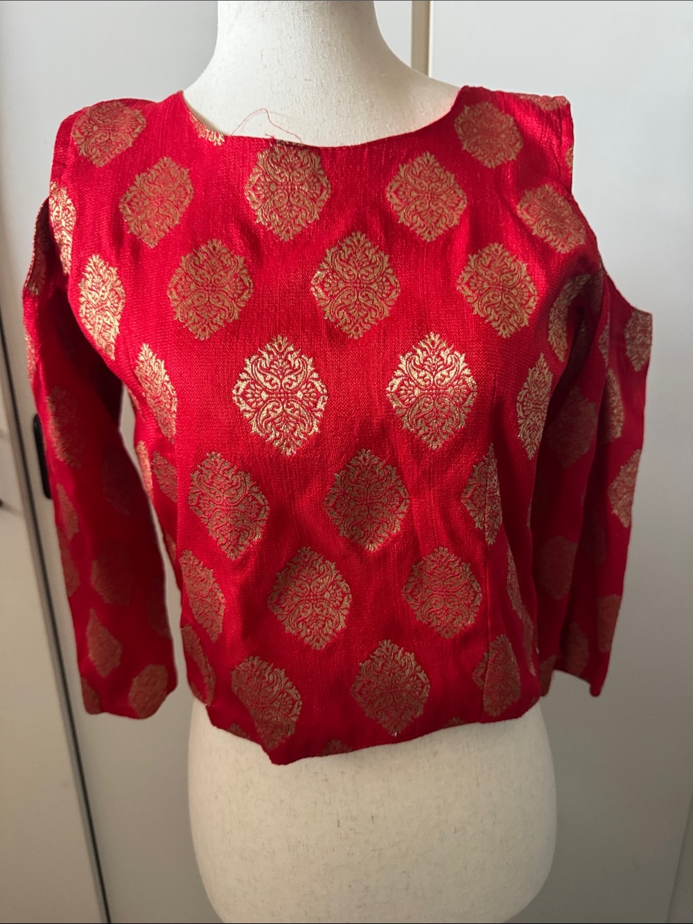 Red Cold-Shoulder Top with Gold Brocade Detail